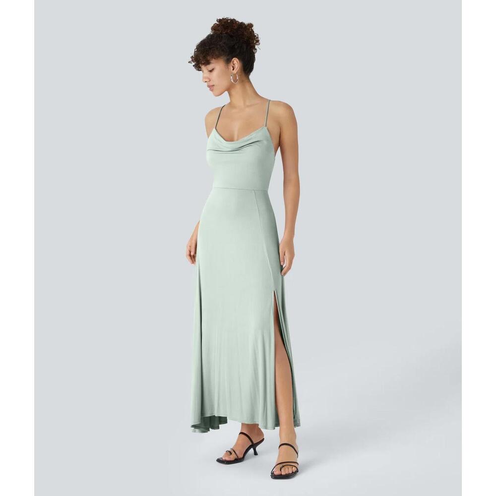 NWT Halara Ribbed Cowl Neck Lace Up Midi Dress Size Large